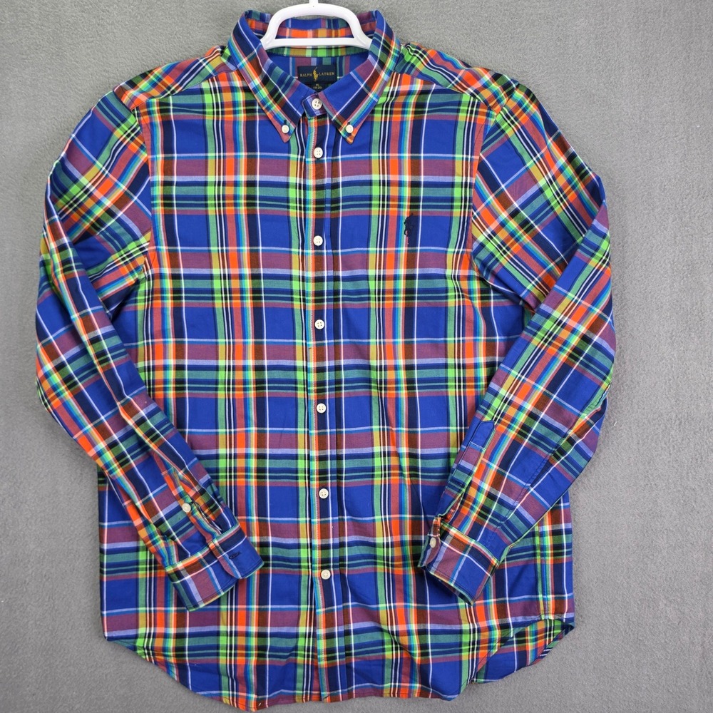 Ralph Lauren Shirt Madras Plaid Blue Orange Green XL Boys Cotton Button Down RL